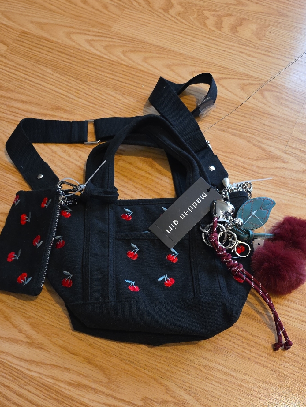Madden Girl Black Mini Tote with Red Cherry Embroidery
